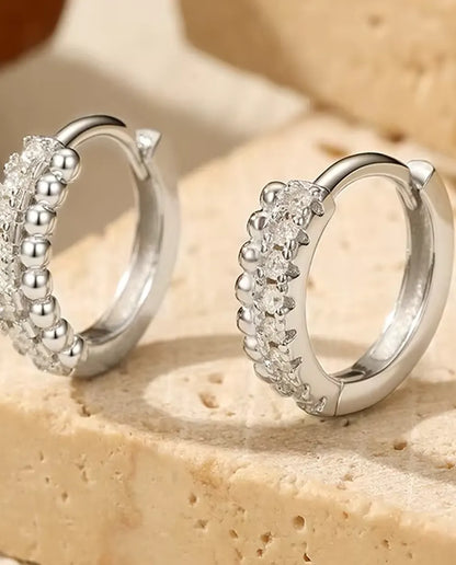 Pave Moissanite Huggie Hoop Earrings - Sixteen 1.3 mm D Colour Stones in Two Rows, 12 mm Hinged 925 Sterling Silver