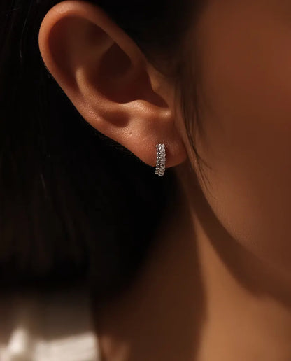 Pave Moissanite Huggie Hoop Earrings - Sixteen 1.3 mm D Colour Stones in Two Rows, 12 mm Hinged 925 Sterling Silver
