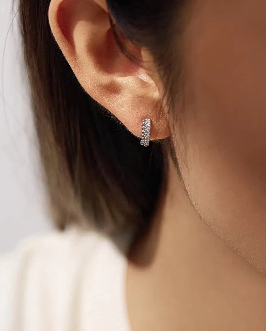 Pave Moissanite Huggie Hoop Earrings - Sixteen 1.3 mm D Colour Stones in Two Rows, 12 mm Hinged 925 Sterling Silver