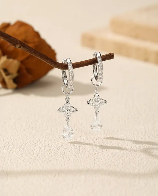 Pear Moissanite Drop Earrings - 0.8 ct Teardrop per Earring on Clover Links, 925 Sterling Silver Huggie Hoops, 34 mm