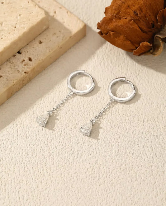Pear Moissanite Huggie Drop Earrings - 0.5 ct D Colour Stone per Earring on a Chain, 925 Sterling Silver, 32 mm