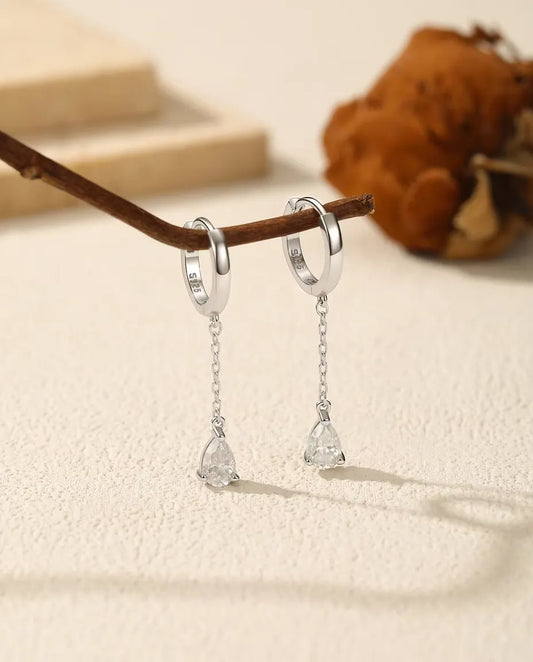 Pear Moissanite Huggie Drop Earrings - 0.5 ct D Colour Stone per Earring on a Chain, 925 Sterling Silver, 32 mm