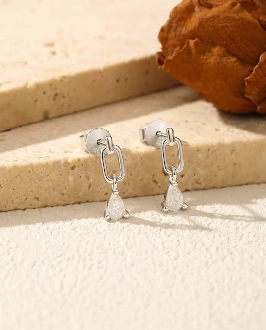 Pear Moissanite Drop Earrings - Paperclip Link Studs with 0.35 ct D Colour Stones in 925 Sterling Silver