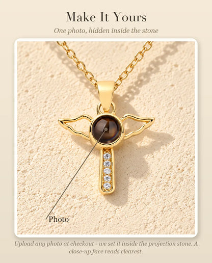 Personalisation guide showing where your photo goes inside the projection stone of the angel wings cross necklace