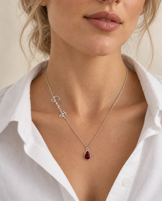 Birthstone Name Necklace - worn on a model
