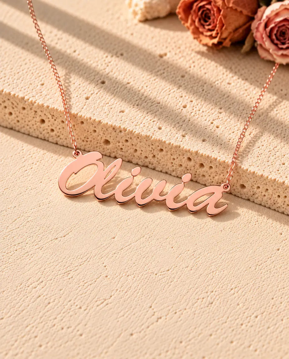 Personalised Brush Script Name Necklace in 925 Sterling Silver - Custom Nameplate - in rose gold finish