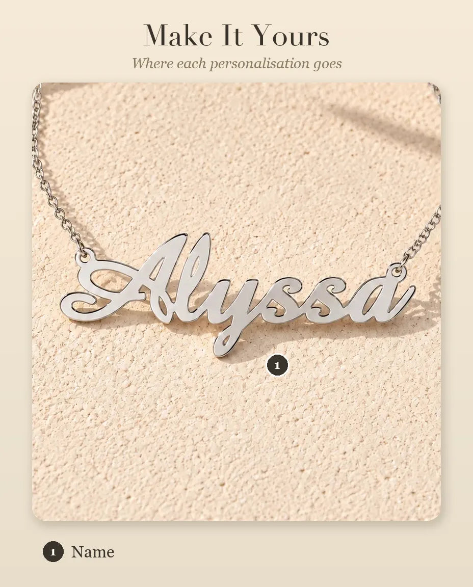 Personalised Script Name Necklace in 925 Sterling Silver - Custom Calligraphy Nameplate - personalisation guide: where your name goes