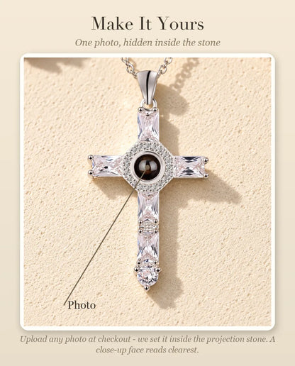 Personalisation guide showing where your photo goes inside the projection stone of the cubic zirconia cross necklace