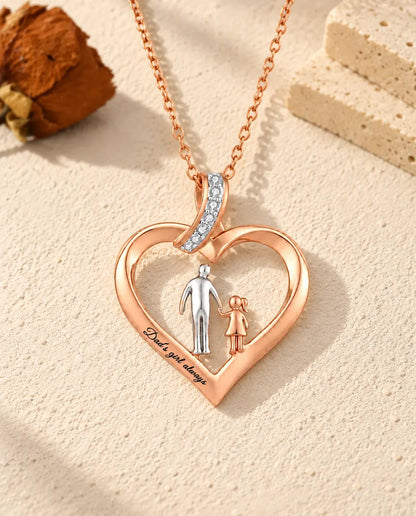 Front view of the engraved heart necklace with a silver-tone dad and a rose gold-tone girl holding hands
