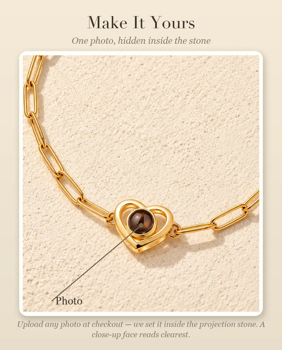 Personalisation guide showing where your photo goes inside the projection stone of the double heart charm