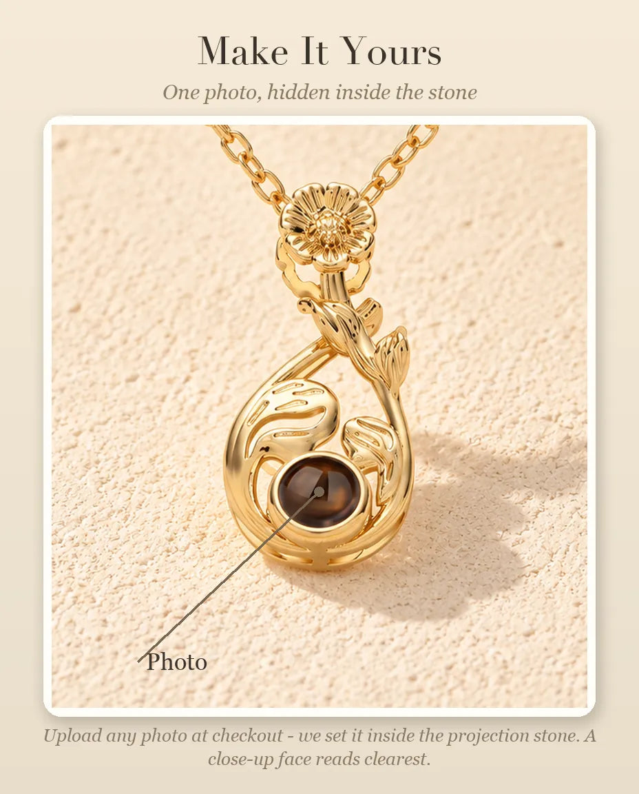 Personalisation guide showing where your photo goes inside the projection stone of the flower teardrop necklace