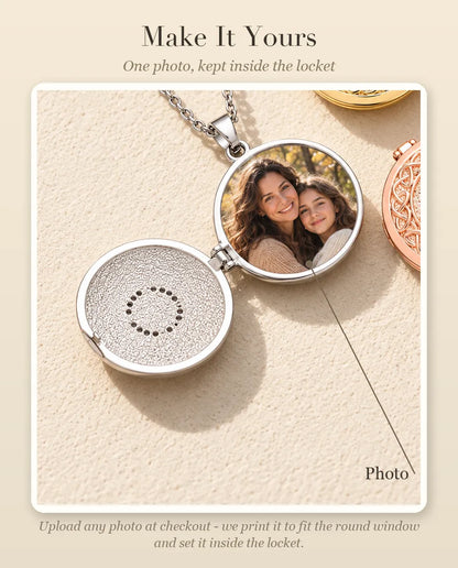 Personalisation guide showing where your photo goes inside the four-loop Celtic knot photo locket
