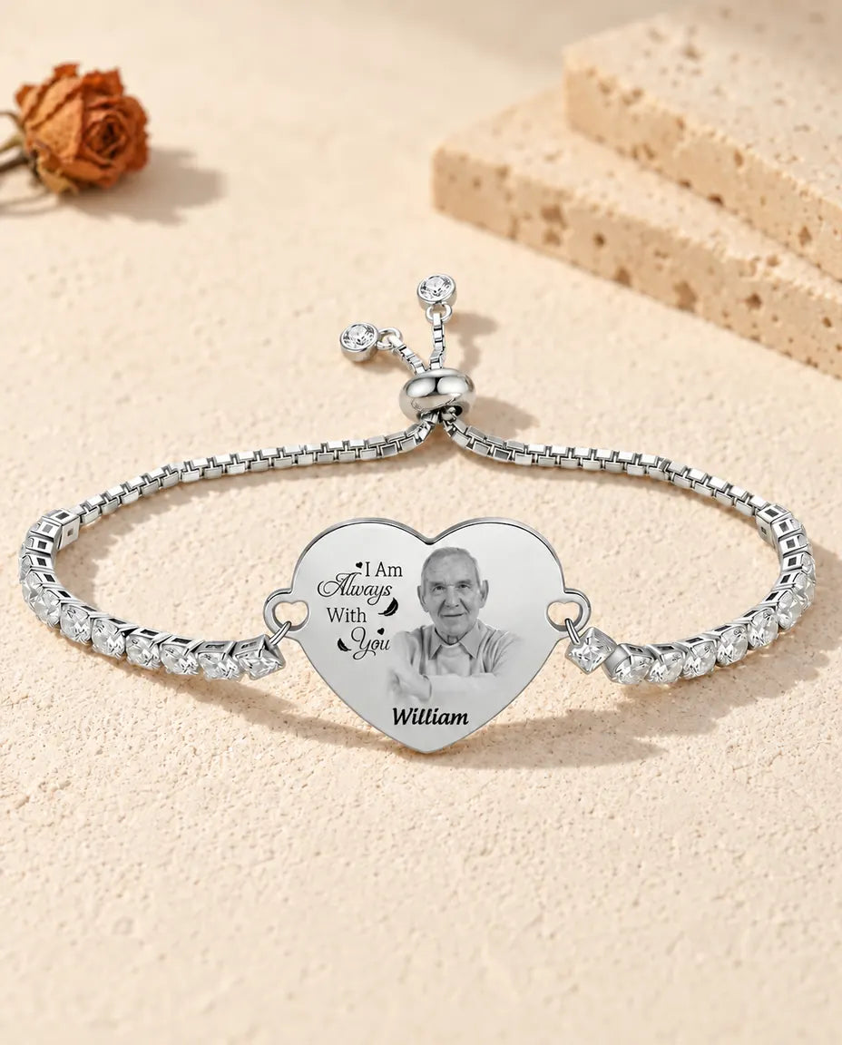 Personalised heart photo tennis bracelet in silver tone engraved with a portrait, message and name