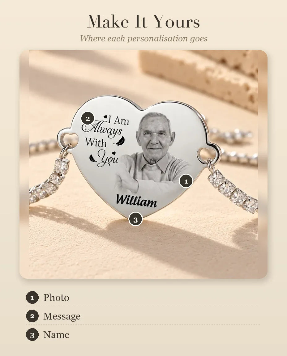 Personalisation guide for the photo heart bracelet: photo, message and name