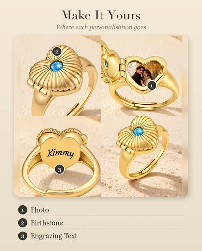Personalisation guide for the heart locket ring: photo, birthstone and engraving