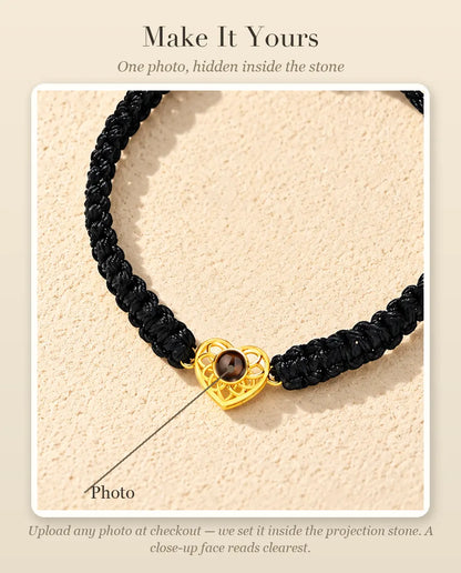 Personalisation guide showing where your photo goes inside the projection stone of the heart charm