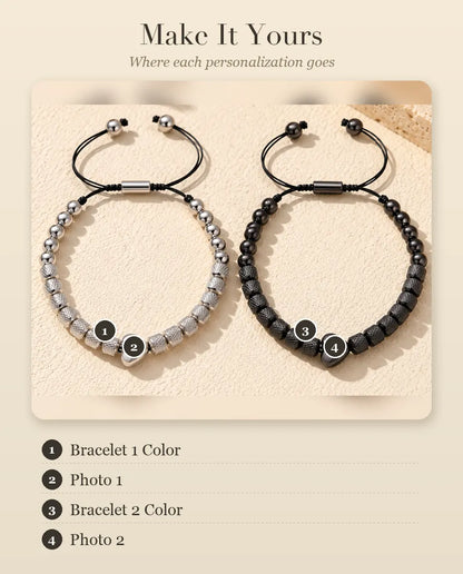 Personalisation guide showing Bracelet 1 Colour, Photo 1, Bracelet 2 Colour and Photo 2 on the couples bracelets