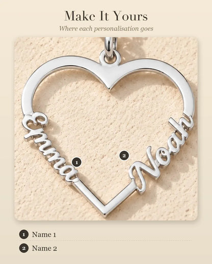 Personalised Heart Name Necklace in 925 Sterling Silver - Open Heart with Two Script Names - personalisation guide: where your name goes