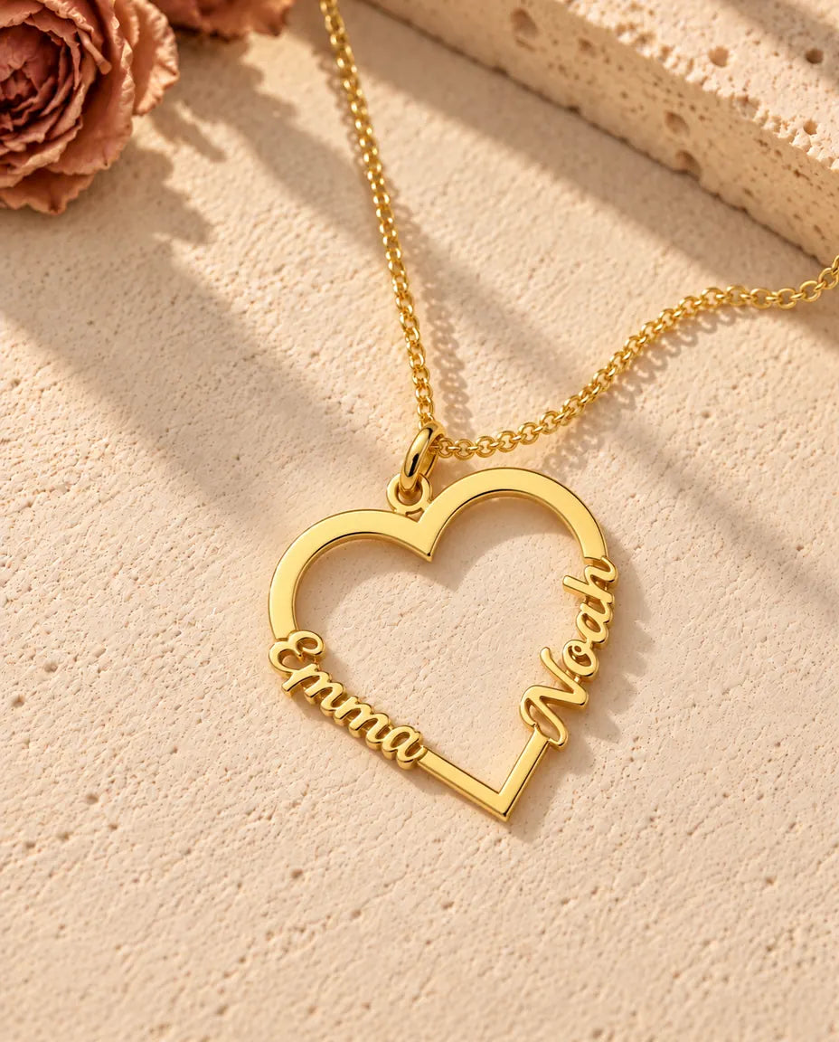 Personalised Heart Name Necklace in 925 Sterling Silver - Open Heart with Two Script Names - in gold finish