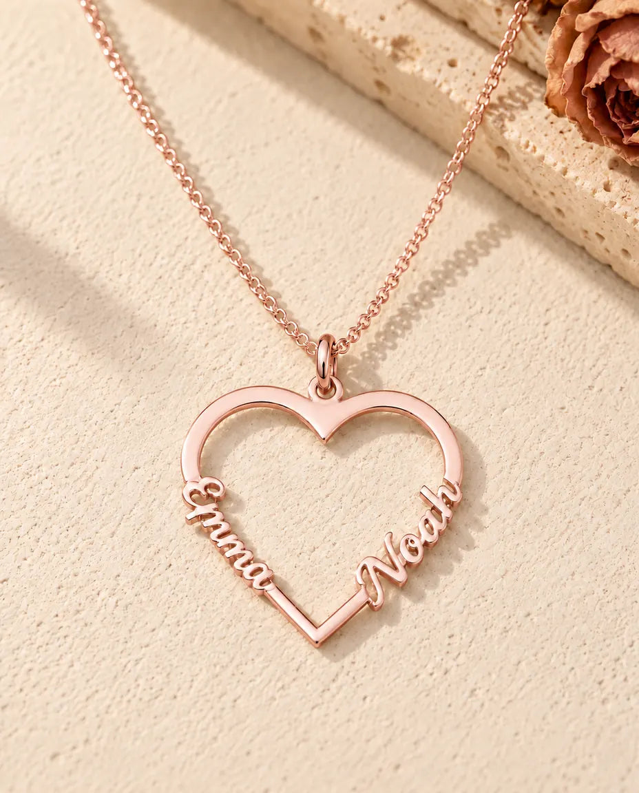 Personalised Heart Name Necklace in 925 Sterling Silver - Open Heart with Two Script Names - in rose gold finish