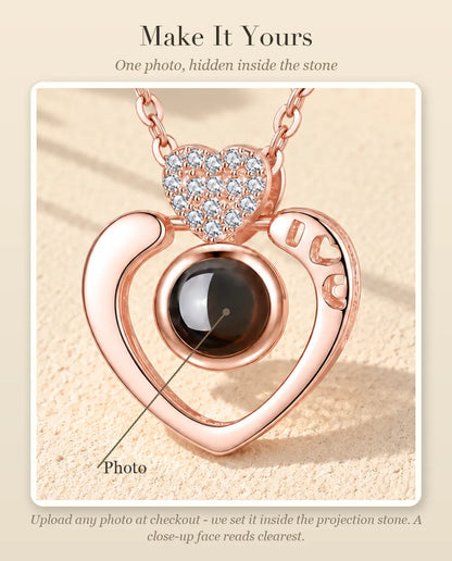 Personalisation guide showing where your photo goes inside the projection stone of the open heart necklace