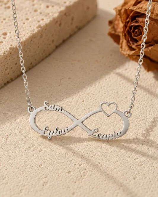 Personalised 3 Name Infinity Necklace - front view in silver
