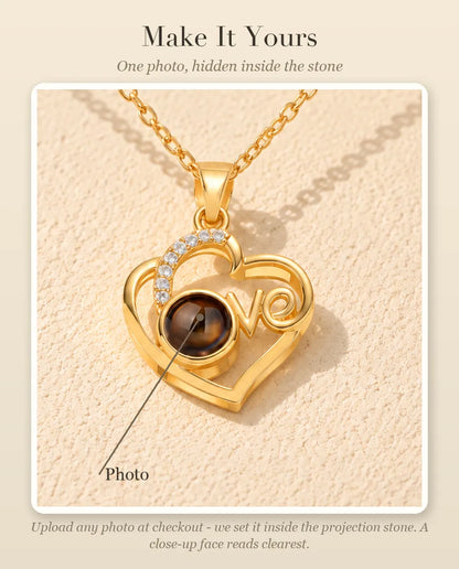 Personalisation guide showing the photo inside the projection stone of the Love heart necklace