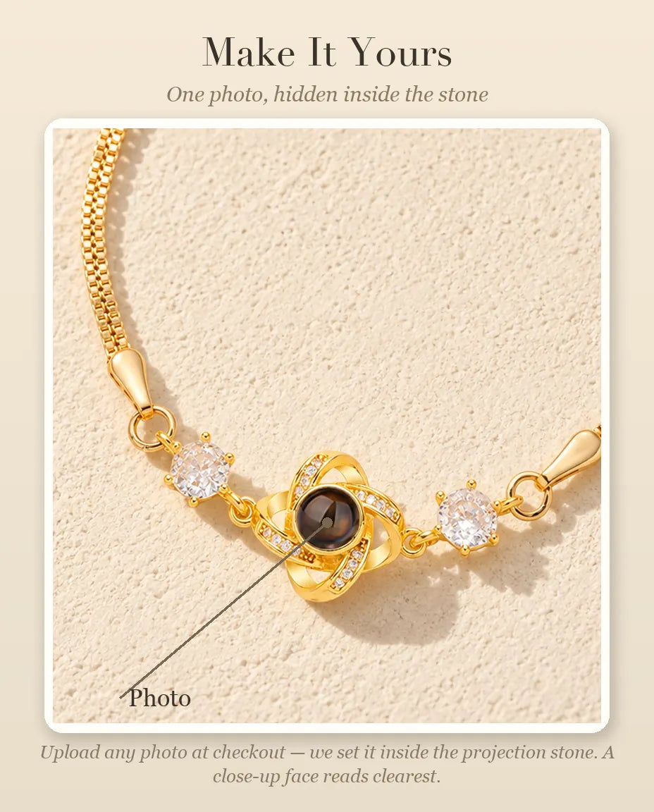 Personalisation guide showing where your photo goes inside the love knot projection stone