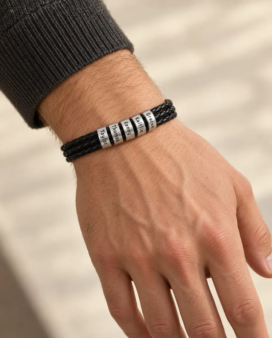 Personalised Men's Leather Bracelet for Him - worn on a model