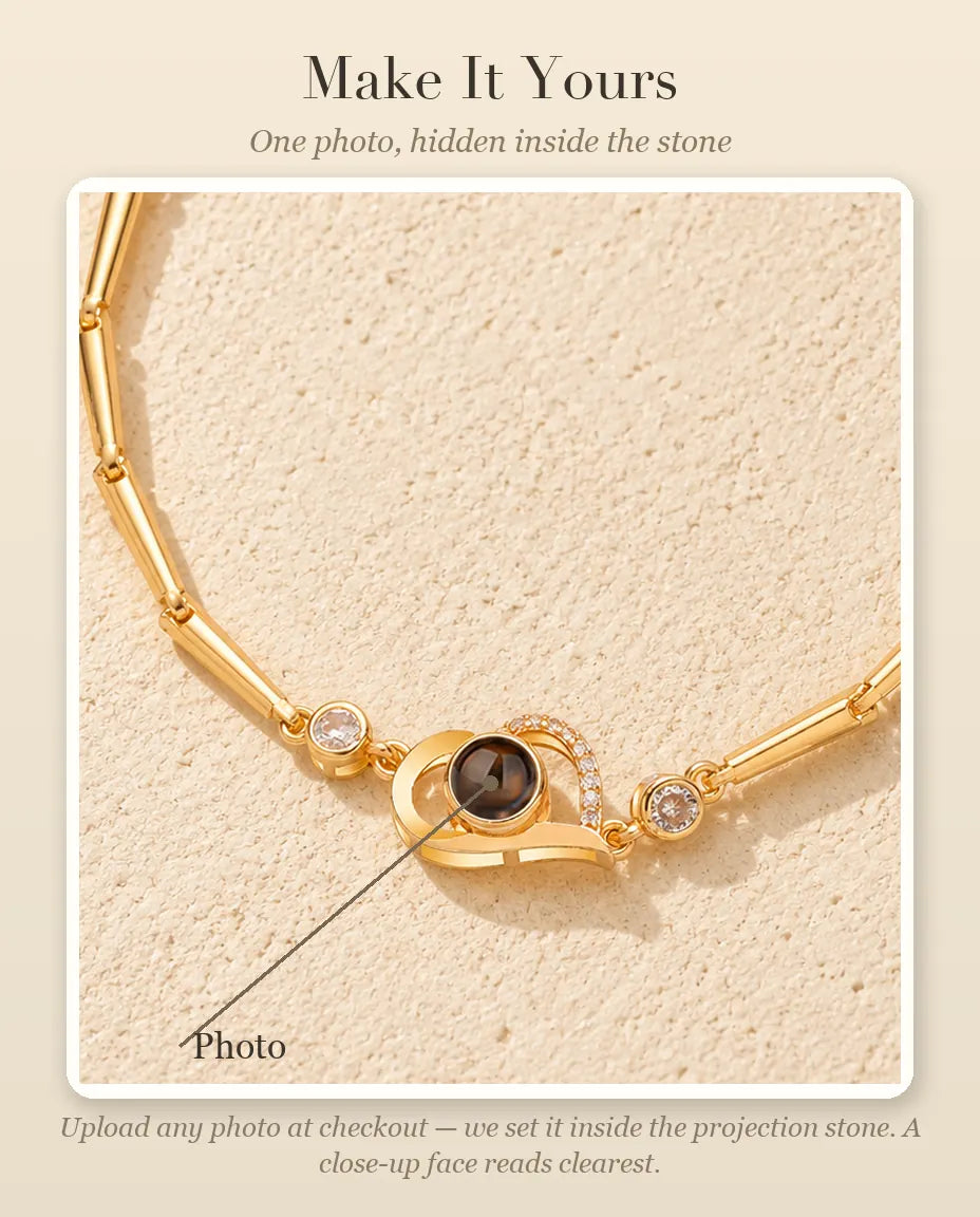 Personalisation guide showing where your photo goes inside the open heart projection stone