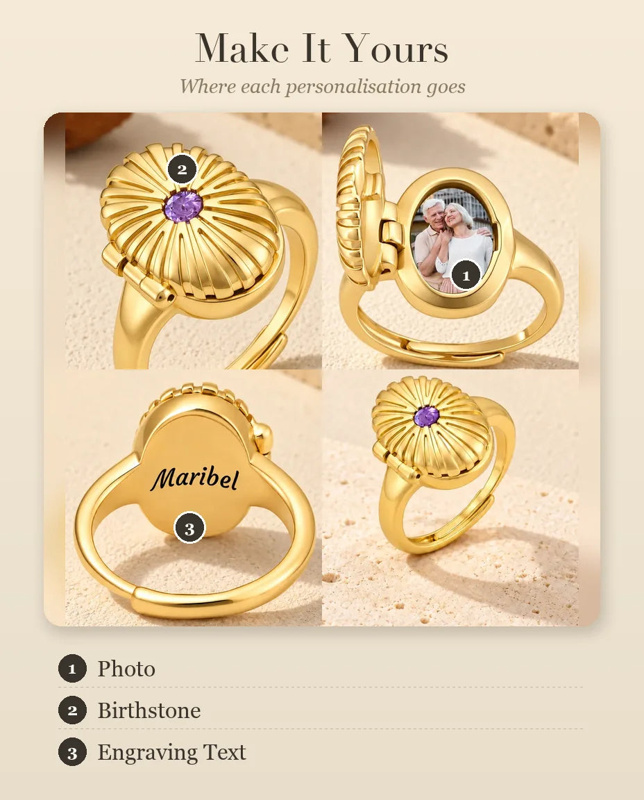 Personalisation guide for the oval locket ring: photo, birthstone and engraving
