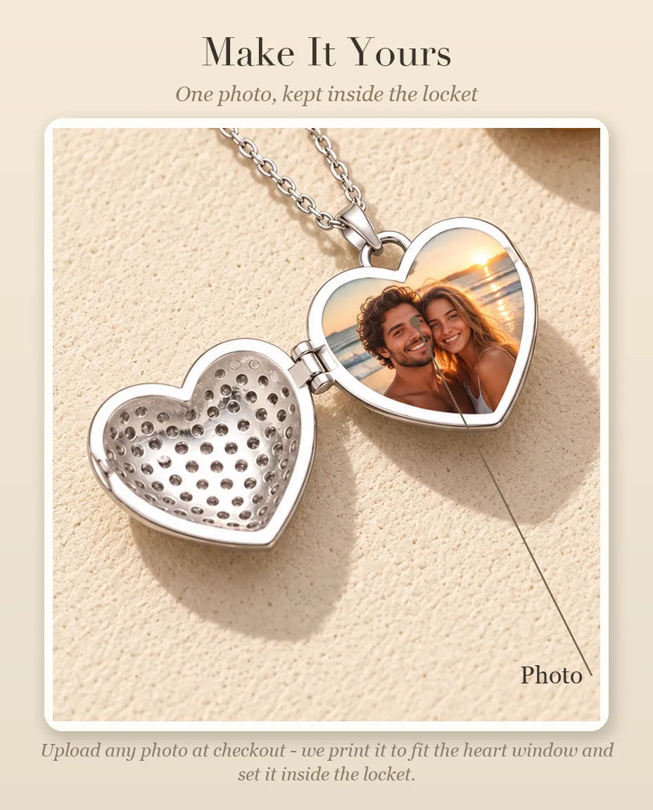 Personalisation guide showing where your photo goes inside the pave heart photo locket