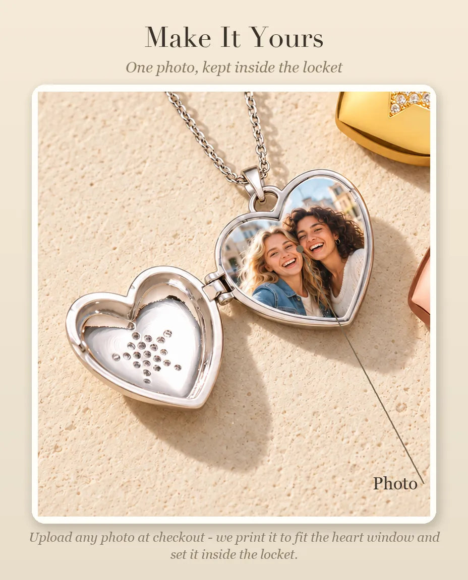 Personalisation guide showing where your photo goes inside the pave star heart photo locket