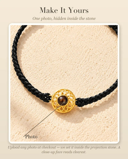 Personalisation guide showing where your photo goes inside the projection stone of the round charm