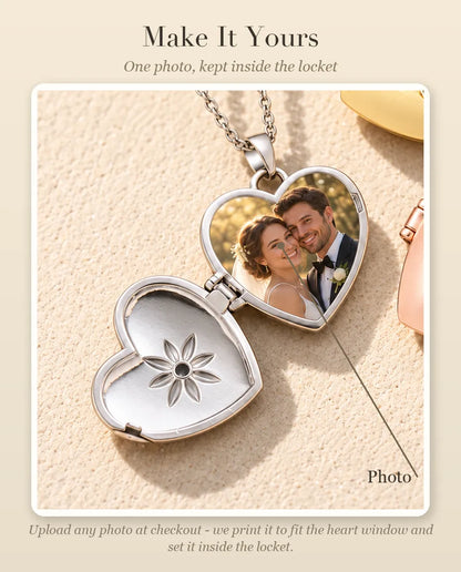 Personalisation guide showing where your photo goes inside the satin flower heart photo locket