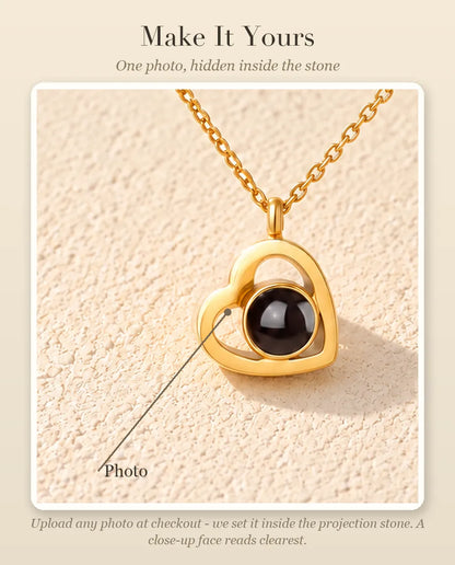 Personalisation guide showing the photo inside the projection stone of the double heart necklace