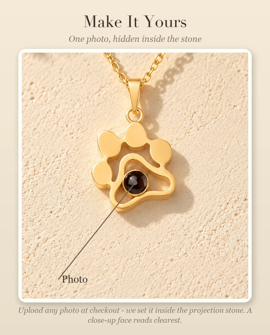 Personalisation guide showing where your photo goes inside the projection stone of the paw print necklace