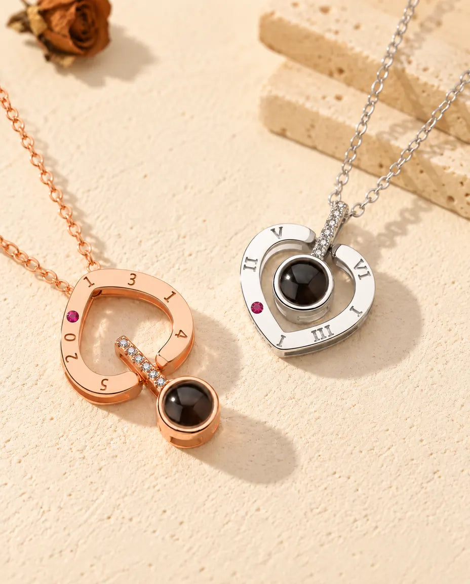 Two ways to wear the Roman numeral heart: rose gold tone turned upside down with the stone below, silver worn upright