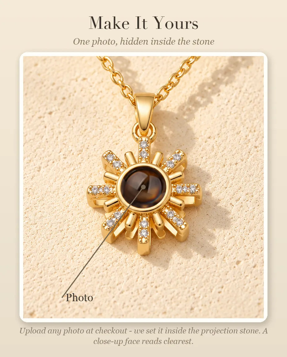 Personalisation guide showing where your photo goes inside the projection stone of the sunburst necklace