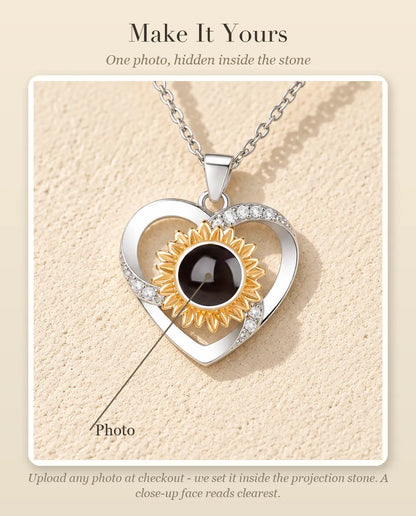 Personalisation guide showing where your photo goes inside the projection stone of the sunflower heart necklace