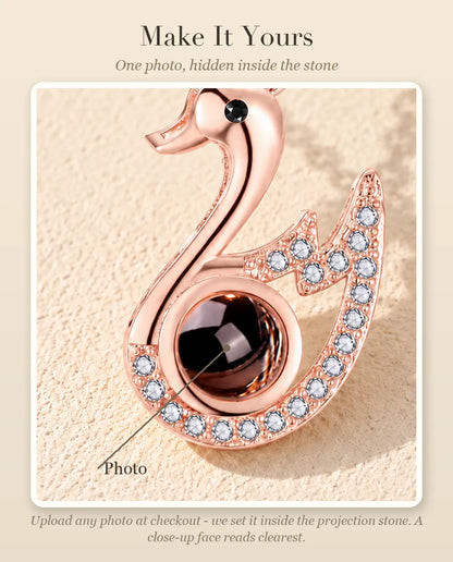 Personalisation guide showing where your photo goes inside the projection stone of the swan necklace