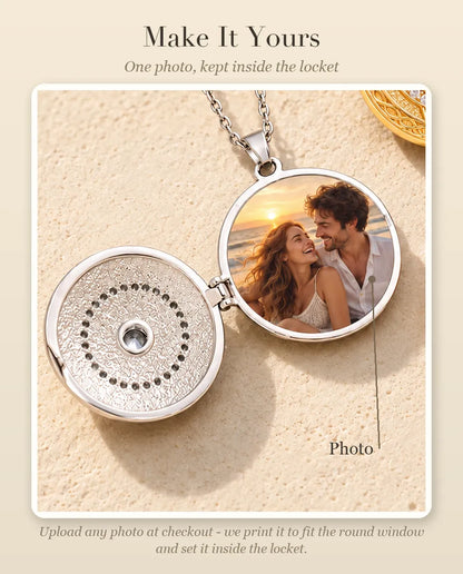 Personalisation guide showing where your photo goes inside the round trinity knot locket