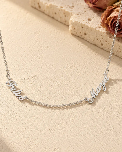 Personalised Two Name Necklace in 925 Sterling Silver - Two Script Nameplates Joined by Chain - front view in silver