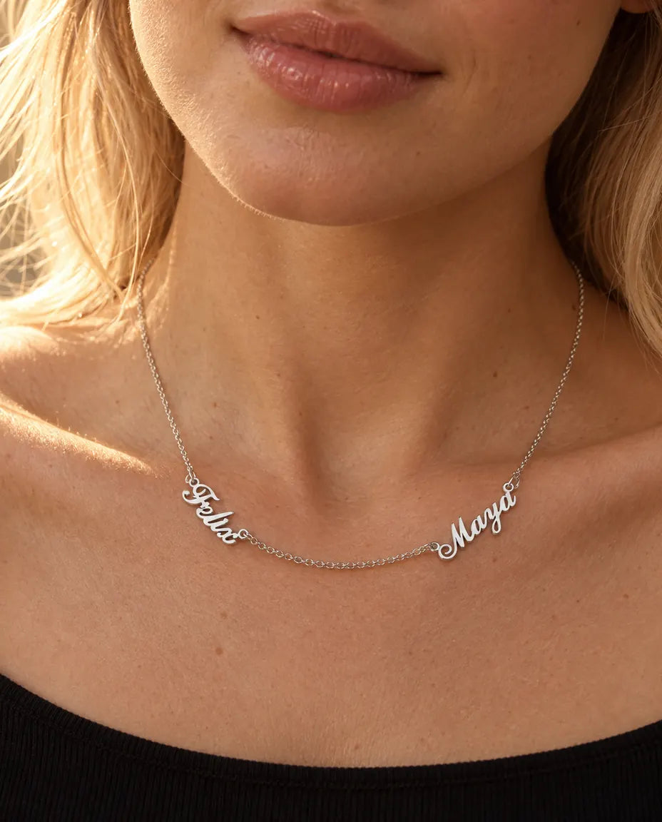 Personalised Two Name Necklace in 925 Sterling Silver - Two Script Nameplates Joined by Chain - worn on a model