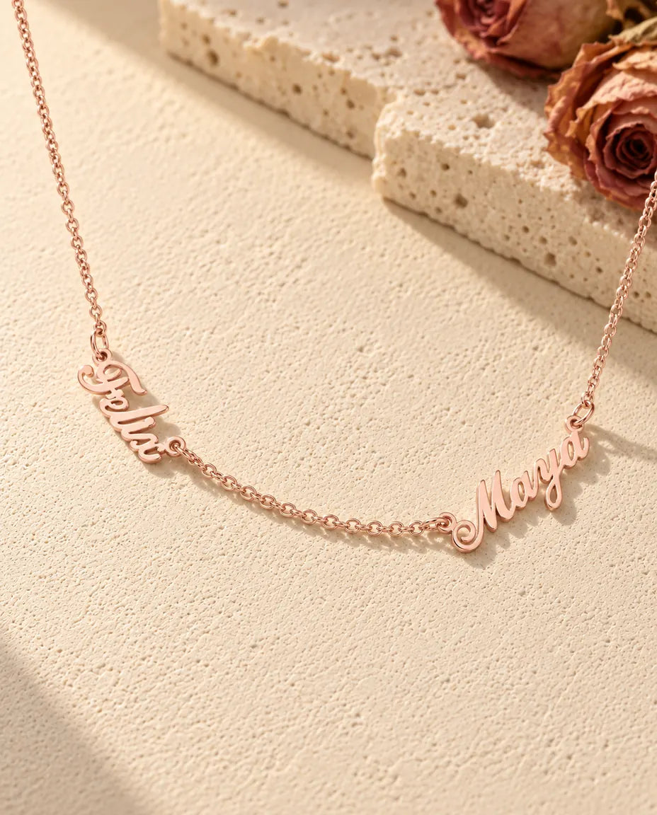 Personalised Two Name Necklace in 925 Sterling Silver - Two Script Nameplates Joined by Chain - in rose gold finish