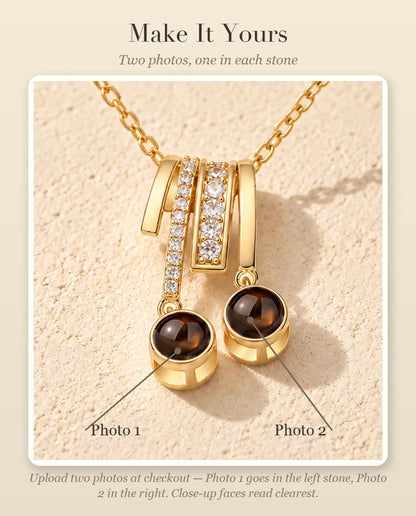 Personalisation guide showing Photo 1 in the left stone and Photo 2 in the right stone