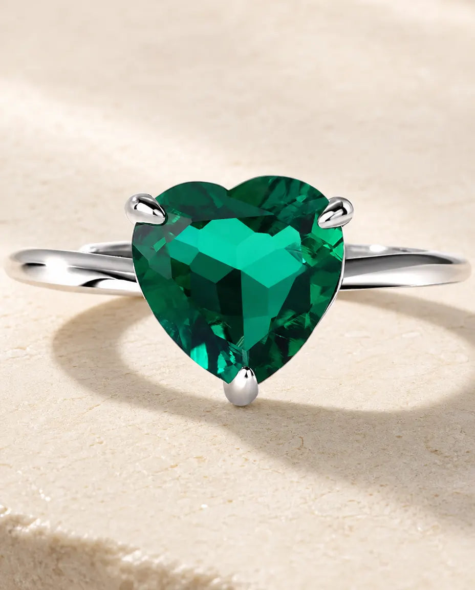 lab-created emerald heart solitaire ring in sterling silver, open adjustable band