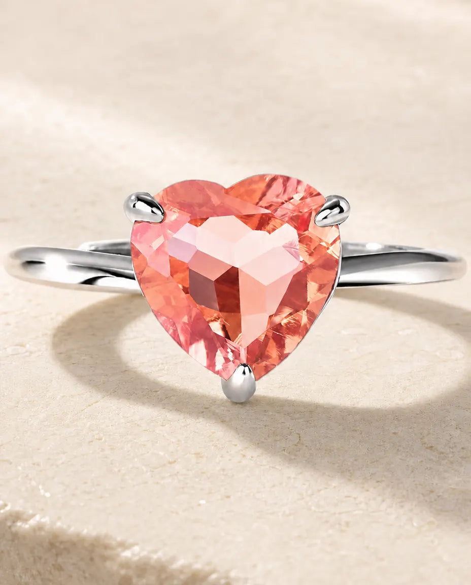 lab-created padparadscha heart solitaire ring in sterling silver, open adjustable band