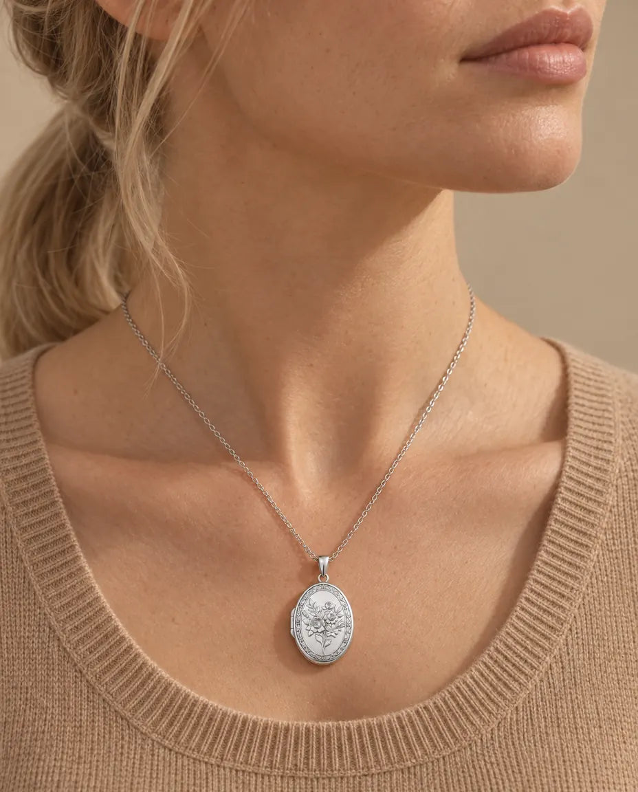 Personalised Photo Locket Necklace That Holds 2 Pictures - Rose Bouquet Oval Locket With Mother of Pearl Back worn on a model
