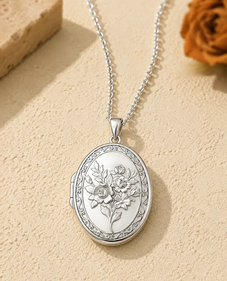 Personalised Photo Locket Necklace That Holds 2 Pictures - Rose Bouquet Oval Locket With Mother of Pearl Back, Silver or Gold
